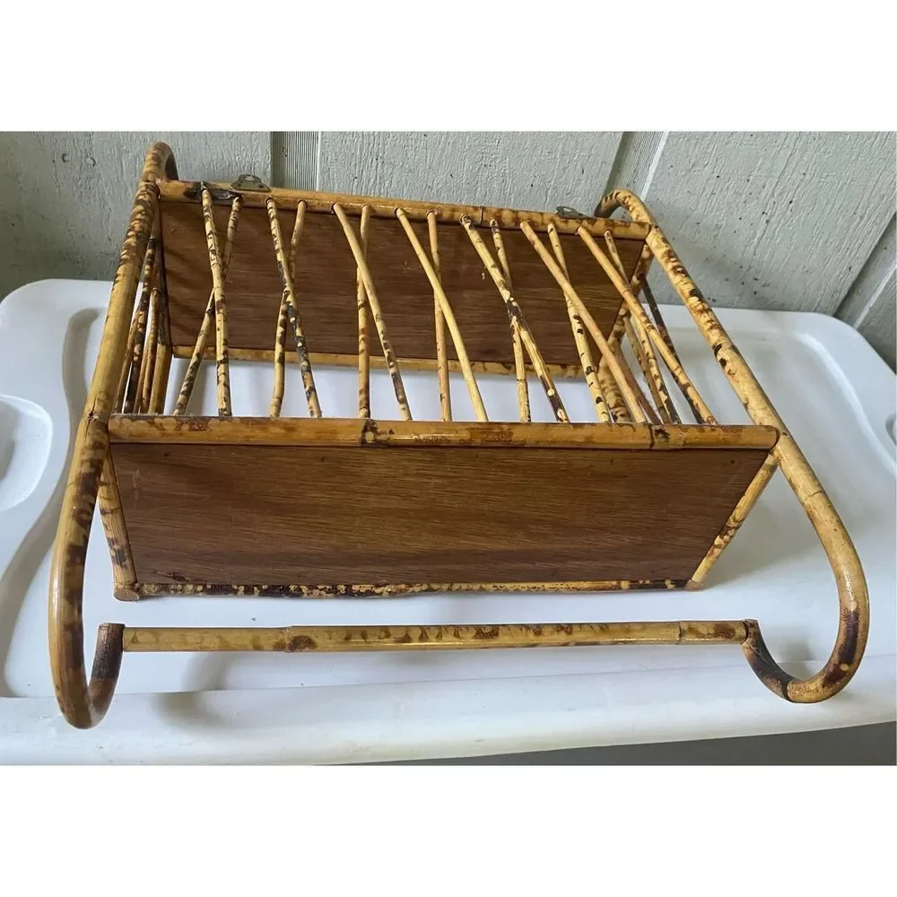 Vtg Tortise Shell Bamboo Boho Tiki Cane Rattan Wicker 2 level Wall Shelf w/ Towe